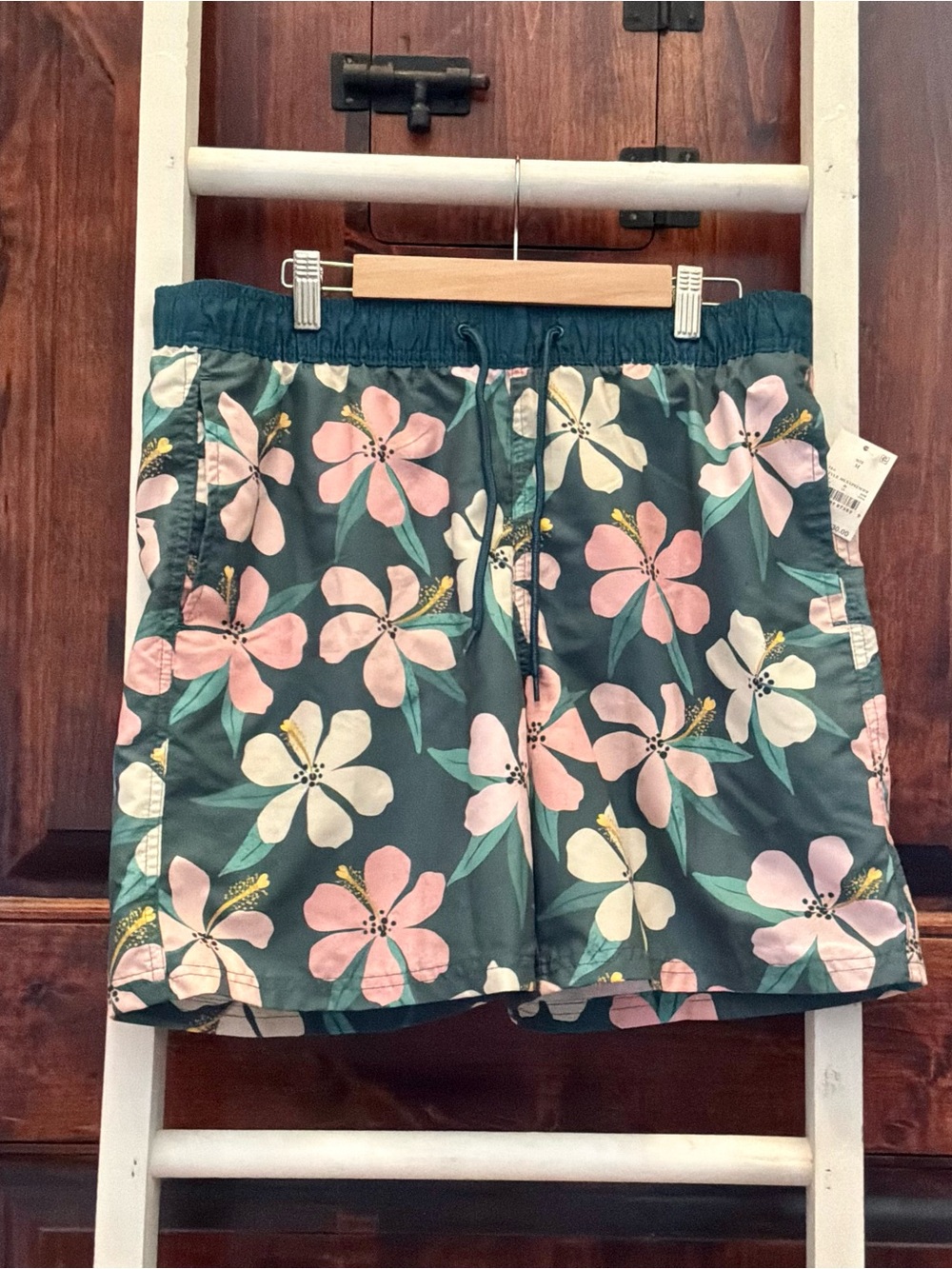 Men's Floral Swim Shorts - Green with Pink & Cream Flowers